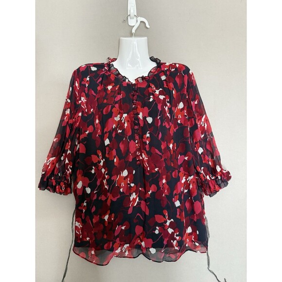 The Fold Crepe Popover Blouse Womens 10 US 100% Silk Black Red Floral Cottage - Picture 1 of 11